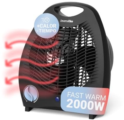 UNIVERSALBLUE Termoventilador Vertical 2000W Negro | Calefactor Bajo Consumo | Radiador 3 Modos de Funcionamiento | 2 Potencias | Termostato Ajustable | Sistema de Seguridad | Asa para Transportar