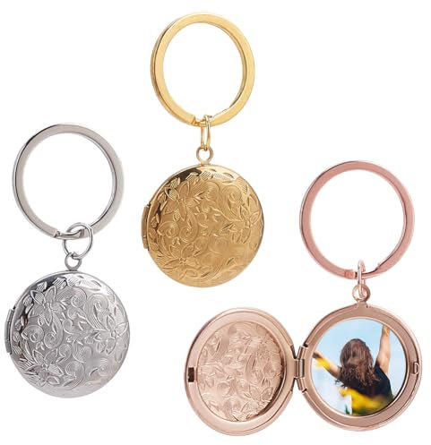 PLIGREAT 3er Pack Runde Foto Medaillon Schlüsselanhänger Rose Medaillon Schlüsselanhänger für Frauen Schlüsselanhänger mit geschnitzten Blumen, die Bilder Medaillon Anhänger Halskette hält