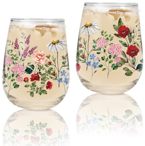 Whaline Lot de 2 verres à vin vintage sans pied motif fleurs sauvages - 500 ml - Aquarelle florale - Verres rétro pour fête d'anniversaire et printemps