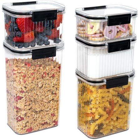 iN Contenitori per alimenti, senza BPA, ermetici, set da 5 pezzi in plastica per alimenti, contenitori scanalati per cereali, pasta, caffè, dolcetti per cani, contenitori per cucina