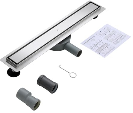 OUGOO Duschrinne 60 cm, 2 in 1 Befliesbar Linearer Duschabfluss | Bodenablauf Komplettset mit 360° drehbarem Siphon, Haarfilter und Geruchsverschluss, 304 Edelstahl Gebürstet