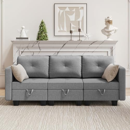 Hello-5ive Modular 3 Seater Sofa, Fabric Tufted Sectional Sofa with Storage and Removable Back Cushion Covers, Convertible Sofa Couch for Living Room, Grey