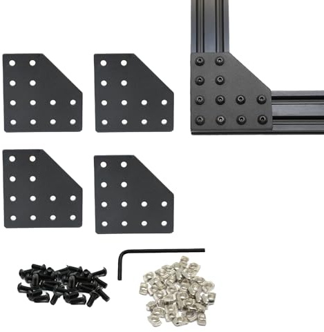 Iverntech 4 Sets 2040 Aluminiumprofil-Verbindungsplatte Eckverbinder L-förmig mit 12 Bohrungen für T/V-Slot 6mm Nut – inkl. 48 M5 T-Nuten + 48 M5 Schrauben + 1 Schraubenschlüssel (Schwarz)