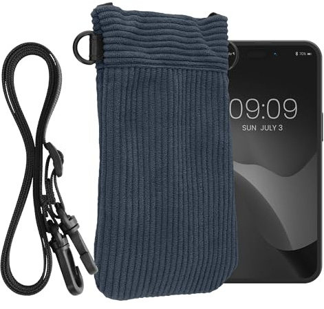 kwmobile Universal Smartphone Sleeve with Necklace - Magnetic Closure - Soft Inner Microfibre Mobile Phone Pouch - Cell Phone Strap for Neck - Vintage Blue