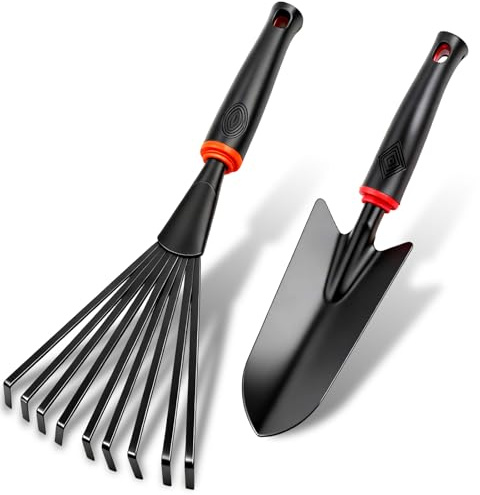 msymsyu Gartenschaufel 2 Stück Schwarz Gartenschaufel klein | Neun-Zinken-Harke (39 x 14.5 cm) x 1 und Schmaler Pflanzschaufel (32 x 6 cm) x 1 zum Umpflanzen von Setzlingen und Auflockern