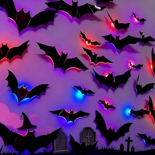 ALEGRE® Halloween Deko, 12 Stk 3D Fledermaus Deko Led Lichter Halloween Sticker, Leuchtende Fledermaus Wandaufkleber mit 10 Verschiedenen Größen, Helloween Led Fledermäuse Deko für Fenster, Tür, Wand