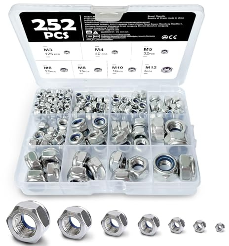 252 PCS Locknuts Assortment Kit, Assorted Nylon Insert Locking Hex Nuts | 7-Size (M3 M4 M5 M6 M8 M10 M12) Nylock Nuts Complete Set, for Bolts, Screws & Maintenance