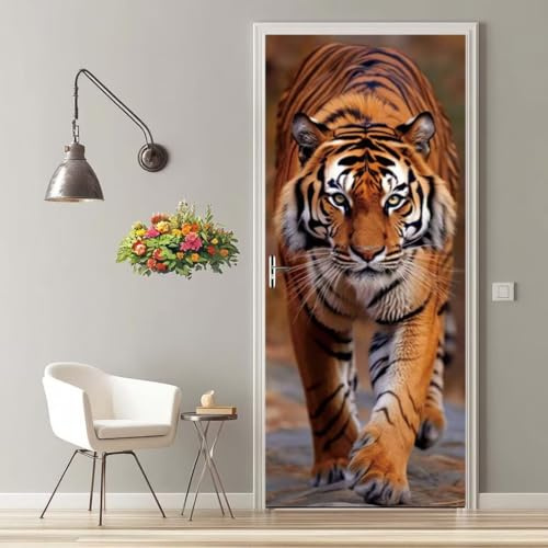 Türfolie Selbstklebend 3D Türaufkleber Tiger Tier Türtapete Selbstklebend Türposter 90X200 cm Türverkleidung Türtattoo Poster Tapete Abnehmbar Fototapete für Wohnzimmer Schlafzimmer Küche Bad -MT2482