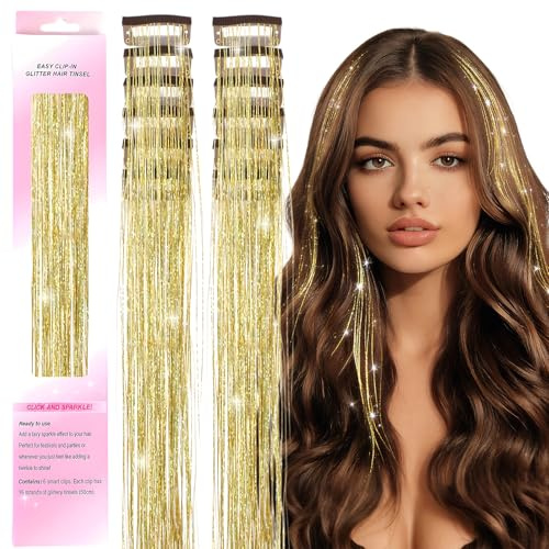 18 Stück Glitzer Haar Lametta in Gold, 50 cm Lange Glitzer-Haarverlängerungen aus Hitzebeständiger Kunstfaser, Funkelnde Haaraccessoires für Party, Festival und Styling