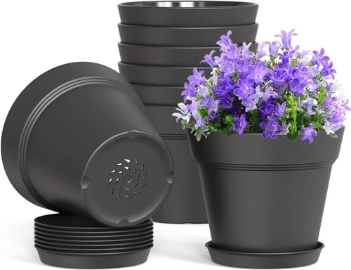 LATERN 10 Pièces Pots de Fleurs en Plastique, 15CM Pot Épais pour Plantes Pot de Semis avec Contrôle des Racines avec Trou de Drainage et Soucoupe pour Plantes Fleurs Herbes Succulentes Cactus (Noir)