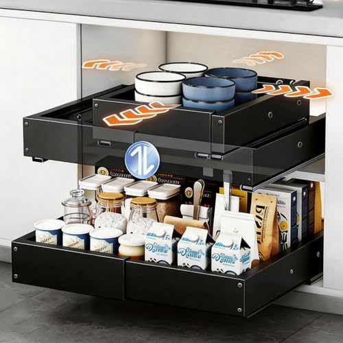 HONZUEN 2 Ausziehbare Schublade Küche, verstellbare Teleskopschublade | 4-fach verstellbar | Klebe- oder Schraubmontage | Bis 25 kg Tragkraft | Carbonstahl, rostfrei | 29–48 × 41,5–55 cm | Schwarz