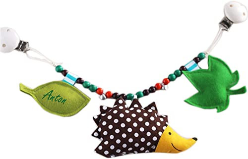 Kinderwagenkette, Igel, mit Namen, genäht, aus Filz, bestickt, Holzperlen, Spielzeug, Baby, personalisiert
