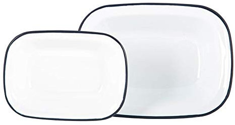 Argon Tableware Enamel Pie Dish Set - 2 Piece - Navy Rim - Dishwasher Safe Pie Dishes Enamel Cookware Oblong Pie Dish Oven Tray Bakeware Pastry Casserole Roasting Tin