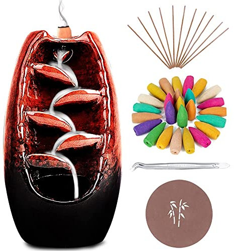 Anbar Backflow Incense Burner with 120 Cones, 30 Sticks, Tongs, and Table Mat, Natural Aromatherapy with Ceramic Smoke Waterfall, Supports Meditation and Relaxation, Home Decor (Red)