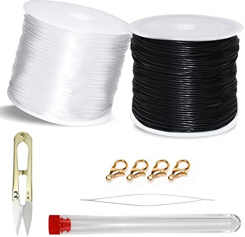 Elastischer Schmuckfaden Transparent 2Stk Gummifaden Gummiband für Armbänder Transparent Nylonfaden 1mm Nylonschnur für DIY Perlenschmuck Armbänder Basteln, mit Perlennadel und Schere