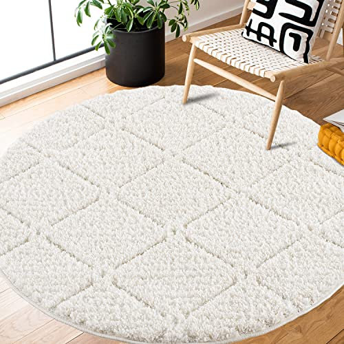 payé Teppich Rund - Hochflor - Boho - Cream - 120x120cm - Einfarbig - Modern Raute Meliert Muster - Skandinavisch Flauschig Weich - Wohnteppich Schlafzimmer Dekoration