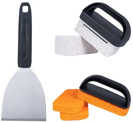Blackstone 5463 Reinigungswerkzeug-Set (8-teilig) BBQ Grill Flat Top Indoor/Outdoor Zubehör, 1 Edelstahl-Grillschaber, 3 Scheuerschwämme, 2 Bimsstein mit Griff, Schwarz, Orange, Silber