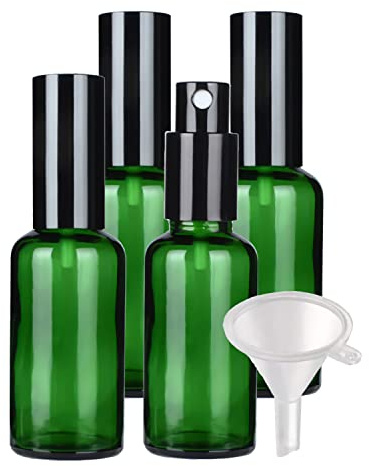 TIANZD 4 Pieces Empty 50ml Green Glass Spray Bottle, Fine Mist Spray Bottles with Black Sprayer and Metal Cover for Perfume, Aromatherapy, Cosmetic Travel Containers Refillable, 1x Funnel