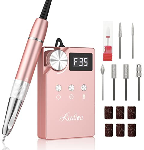 Kredioo Torno para Uñas Profesional 35000RPM, Motor sin Escobillas, Recargable&Portátil, Lima Electrica con 7 Brocas, Pulidor, Manicura Pedicura, Kit Fresas Set, LED, Acrílico Gel/Esmalte, Salón/DIY