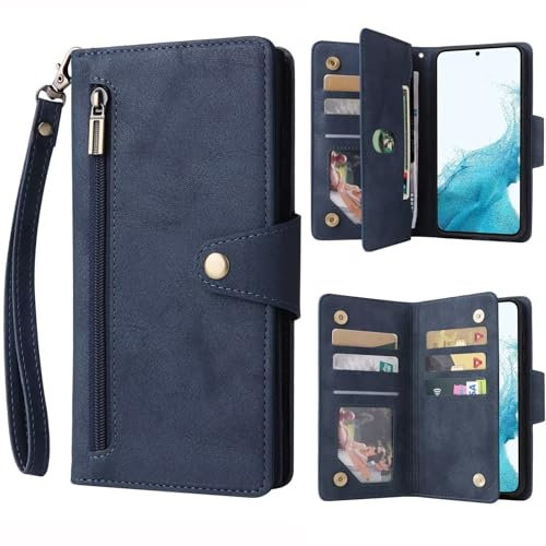 ATISIJIE Hülle klappbar für Samsung Galaxy S23 Ultra Handyhülle mit Kartenfächer, Reißverschluss Geldbörse Trageband Lederhülle Schutzhülle, Magnetic Flip Cover Wallet klapphülle Handytasche Blau