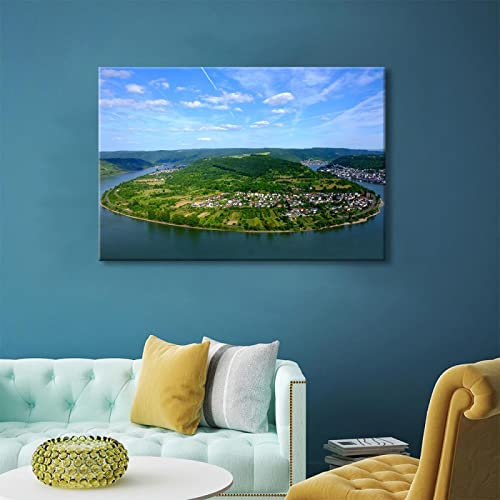 Rhein River Landschaft Wand Kunst Gemälde Wald Blauer Himmel Stadt Drucke & Poster Leinwand Drucke Kunstwerk für Wohnzimmer Dekor, 30 * 45cm, Ungerahmt