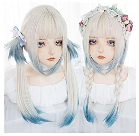 Perücken Unregelmäßige Färbung, gerade Perücke mit Pony, weißer Farbverlauf, blau, lange synthetische Perücke, Mädchen, Cosplay, Lolita-Perücke, weiche, atmungsaktive, hitzebeständige Perücke perücke