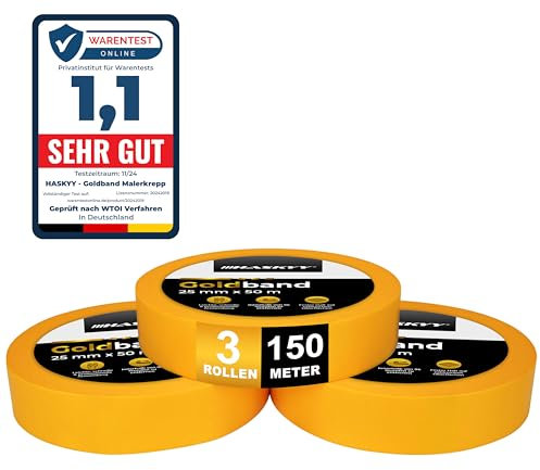 HASKYY Goldband Malerkrepp Kreppband 3x Malerband 25mm x 50m Profi Abdeckband Malertape Klebeband Washi Tape Gold Papiertape Selbstklebend