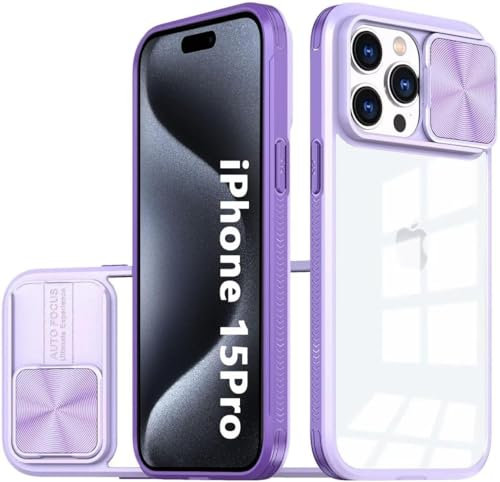 OUBELI Cover per iPhone 15 Pro Protezione fotocamera con custodia a scorrimento, trasparente rigido PC Back Cover e silicone TPU Bumper Antiscivolo AntiGraffio Antiurto Case- viola