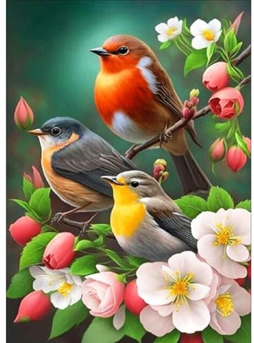 DAERLE DIY Diamond Painting Vögel mit Blumen, 5D Diamant Painting Bilder Tier, Diamant Malerei Cross Stitch Stickerei Kunsthandwerk Set für Erwachsene, Wanddekorationen für Zuhause 30x40cm