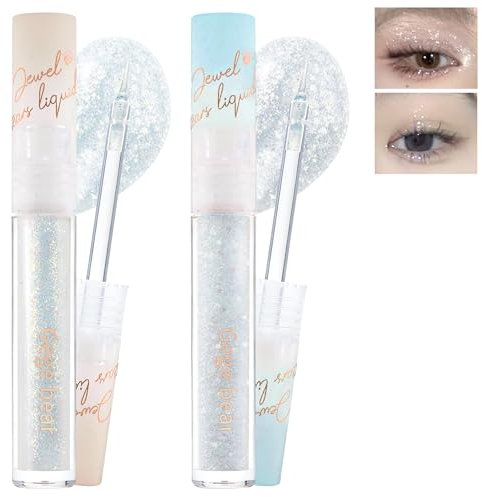 2 Pcs Glitzer Lidschatten, Diamond Flüssiges Glitter Lidschatten & Eyeliner 2-in-1 zum Aufhellen der Augen, Schimmer Highlight Metallic Liquid Eyeshadow, Glitzer Augen-Make-up für Frauen-01+02