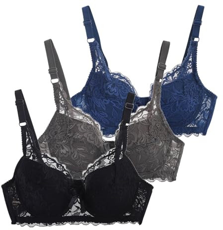 CSWH 3er Pack BH Damen mit Bügel Fraun Spitzen BH Set mit verstellbarem Push Up BH Sexy BH Mädchen Atmungsaktiver Weich Bequemer BHS Y2K Unterwäsche Bra für Alltag