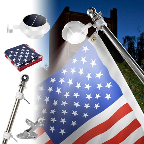 SYZJGCCR American Flag with Pole and Solar Light Kit, 6 FT Metal Pole with Holder, 13 LED Solar Powered Light, Embroidered Flag 3x5 FT, Set for 10 Hours Use for Night House Outdoor