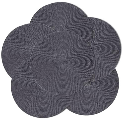 fanquare Black Placemats Set of 6 Handmade Woven Placemats Round Table Mats Heat Resistant Washable Non-Slip Tablemats for Dining Kitchen Table Decoration 38cm