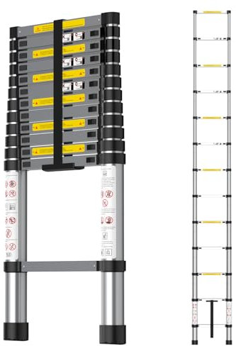 Kidsgigglz Aluminium Teleskopleiter,Mehrzweckleiter, Ausziehbar Stehleiter,Rutschfester Klappleiter,Tragbar Ausziehleiter für Dachboden/Kletterdach/Büronutzung/Baujob,150 KG Belastbarkeit Leiter,3.8M