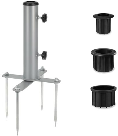 Sonnenschirm Rasendorn, Sonnenschirm Erdspiess, Sonnenschirm Spieß, Sonnenschirm Erdspieß, Spiess, Rasen Schirmständer, Garten Wiese Sonnenschirmständer mit 3 TLG Reduzierring(48/38/32mm), Silber