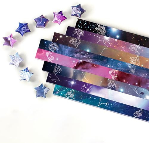 WUMUZAI 12 Sternbild Papier Sterne Streifen 540 Blatt, Origami Stern Papierstreifen 8 Designs, Glücksstern Papierstreifen, Galaxie Weltraum Dekoration Faltpapier für DIY Hand Kunst Handwerk
