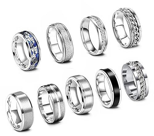 XQMMGO 9 Stück Edelstahl Herren Ringe, Schwarz Matt Finish Poliert Band Ringe, Fidget Ring Spinner Ring, Vintage Fidget Ring für Männer Damen (Silber 59)