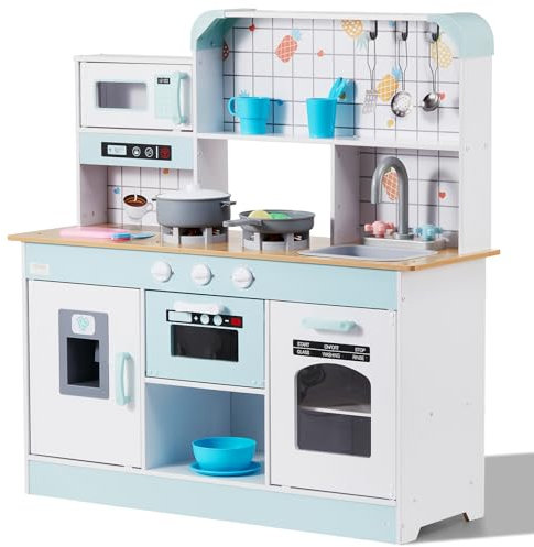 VEVOR Giocattolo Cucina per Bambini, Set Giocattolo da Cucina per Bambini in Legno con Luci Suoni Macchina per Ghiaccio Forno Lavello Microonde Frigorifero Utensili, Giocattolo Cucina, 24 pz, Bianco