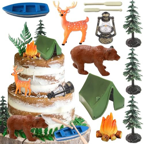 Camping Party Cupcake Toppers Tree Bear Tent Cupcake Picks Happy Camping Cake Decorations for Camping Party Supplies