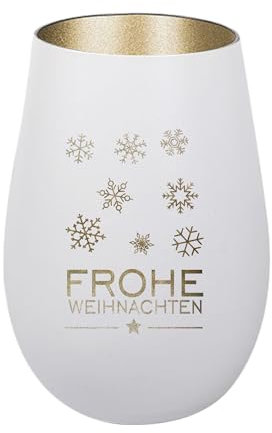 Der-Porzellan-Laden Windlicht mit Gravur Frohe Weihnachten Schneeflocken, Weiß Gold, Teelichthalter Weihnachten aus Glas, Weihnachtsdeko Tischdeko