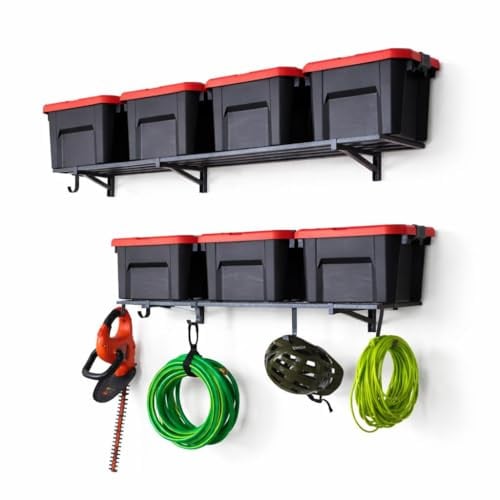 StoreYourBoard Garage Shelving Wall Mounted | 2-Pack Metal Garage Wall Shelves 118.1cm Long x 30.5cm Deep | Heavy Duty Wall Mounted Storage Rack with Hooks, 90kg Each / 180kg Total, Grey