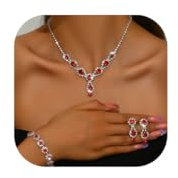 Gkaopi 3 Stück Hochzeit Schmuck Sets Damen Strass Kette Anhänger Ohrringe und Armband Set Silber/Rot/Blau Hochzeit Schmuck für Verlobung Brautjungfer Prom