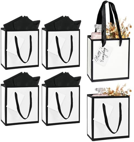 6 Stück 15× 13× 8cm Mini Geschenktüten mit Henkel, kleine weiß Geschenktaschen Bulk mit Seidenpapier und Geschenkanhänger weiße Party-Taschen für Hochzeit, Braut-Dusche, Geburtstag