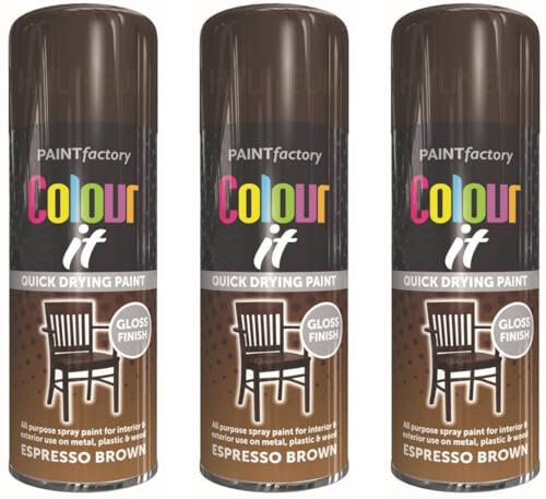 HitlineUK 3 X 400ML Brown Gloss Spray Paint for Wood, Plastic, Metal - All Purpose DIY