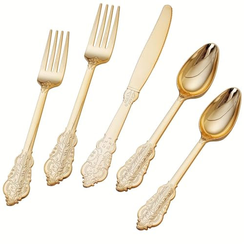 Juego de 75 cubiertos de oro gofrado de inspiración vintage – cubiertos de plástico reutilizables muy resistentes para 25 invitados – perfecto para bodas, fiestas, Halloween, Navidad (oro)