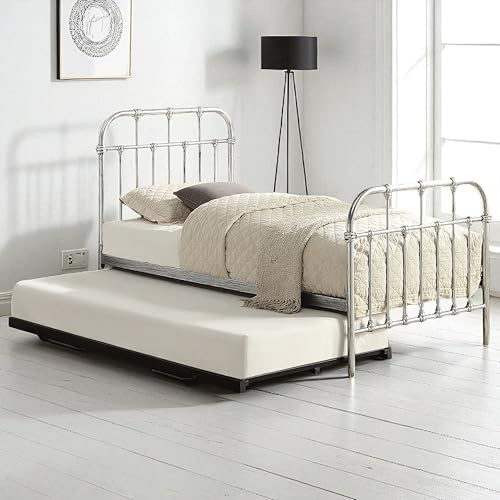 OAT Home Camden Metal Single Guest Bed with Black Trundle, Victorian Hospital Style, Distressed Steel/Antique Brass Effect (Silver Steel)