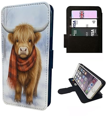 Highland Cow Wallet Phone Case Flip Cover Compatible with iPhone SE, X, XR, 11, 12, 13, 14, 15, 16, 16E, 17 (Air, Plus, Mini, Pro, Max Models) – Faux Leather Cow Print, Rustic Animal, Red Tartan Cow