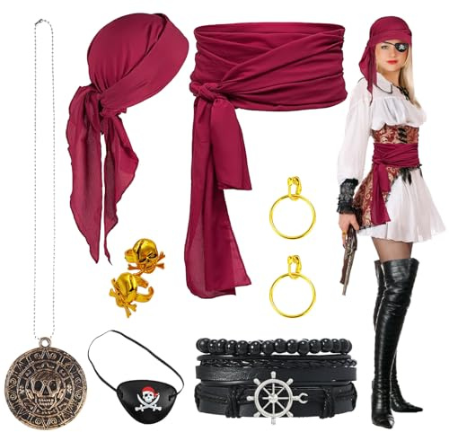 ZYNERY 7 Stück Piratenkostüm Accessoires, Piraten Accessoires Damen Herren mit Augenklappe Pirat Gürtel Kopftuch Armband Halskette Ring Ohrringe für Karneval Halloween Cosplay