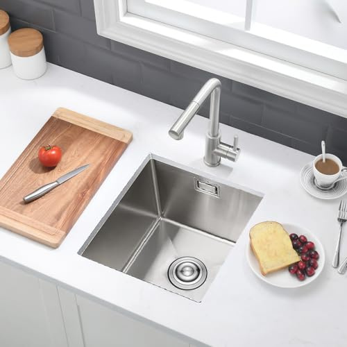 Fregadero de Barra Acero Inoxidable, Bajo Encimera Bokaiya de 35 x 45 cm, Pequeño Fregadero de Barra Húmeda, Minilavabo de Cocina para Exteriores, para RV, con Rebosadero, Rejilla Enrollable y Sifón