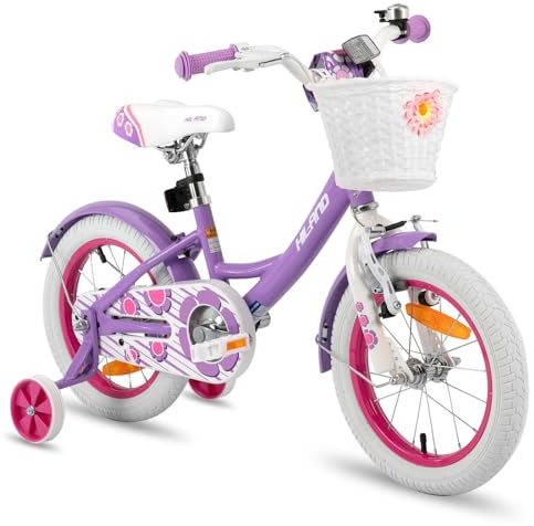 HILAND Petal 12/14/16 Zoll Kinderfahrrad für Mädchen, mit Vorderhandbremse & Rüicktrittbremse, Mädchenfahrrad mit Stützrädern, Kinderfahrrad Mit Korb und Schutzblechen, Rosa/Lila/Weiß